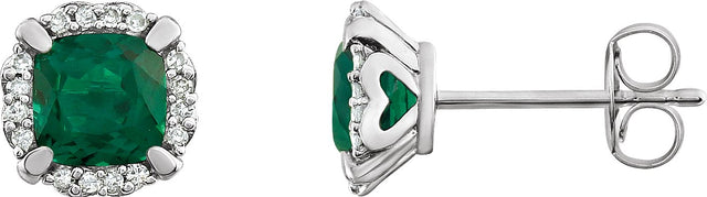 14K Gold Lab-Grown Emerald & Natural Diamond Cushion 4-Prong Halo-Style Birthstone Earrings