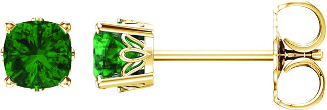 14K Gold Lab-Grown Emerald Cushion 4-Prong Scroll Setting Stud Earrings - Yellow Gold