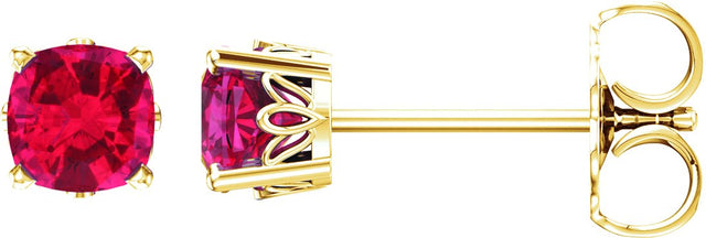 14K Gold Lab-Grown Ruby Cushion 4-Prong Scroll Setting Stud Earrings - Yellow Gold