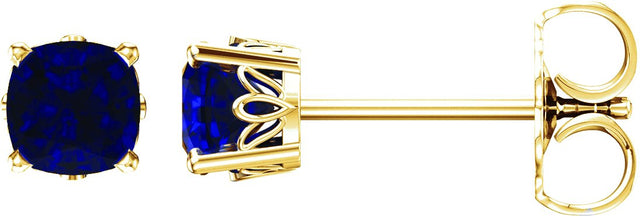 14K Gold Lab-Grown Blue Sapphire Cushion 4-Prong Scroll Setting Stud Earrings - Yellow Gold