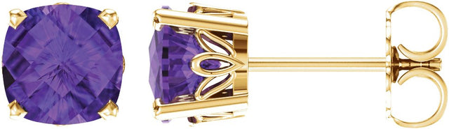 14K Gold Natural Amethyst Cushion 4-Prong Scroll Setting Stud Earrings - Yellow Gold