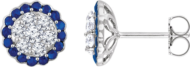 14K Gold Round Natural Blue Sapphire & Natural Diamond Halo-Style Cluster Earrings