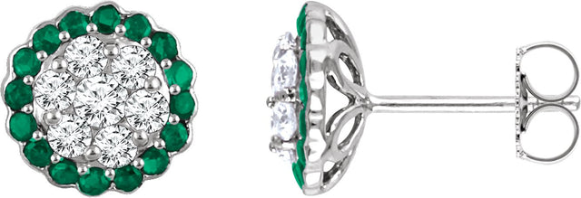 14K Gold Round Natural Emerald & Natural Diamond Halo-Style Cluster Earrings
