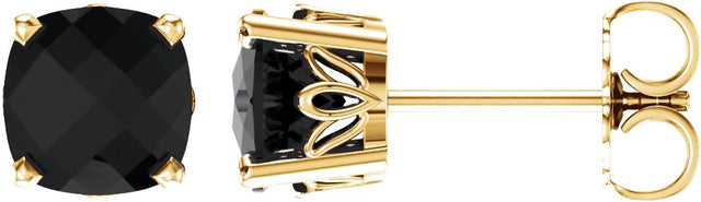 14K Gold Natural Black Onyx Cushion 4-Prong Scroll Setting Stud Earrings - Yellow Gold