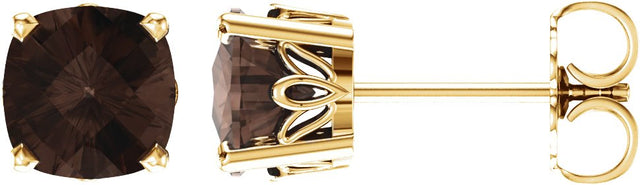 14K Gold Natural Smoky Quartz Cushion 4-Prong Scroll Setting Stud Earrings - Yellow Gold