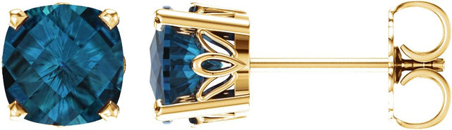 14K Gold Natural London Blue Topaz Cushion 4-Prong Scroll Setting Stud Earrings - Yellow Gold