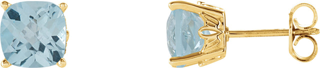 14K Gold Natural Sky Blue Topaz Cushion 4-Prong Scroll Setting Stud Earrings - Yellow Gold