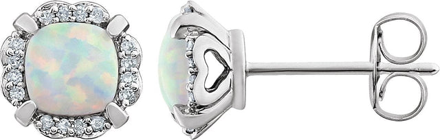 14K Gold Lab-Grown Opal & Natural Diamond Cushion 4-Prong Halo-Style Birthstone Earrings
