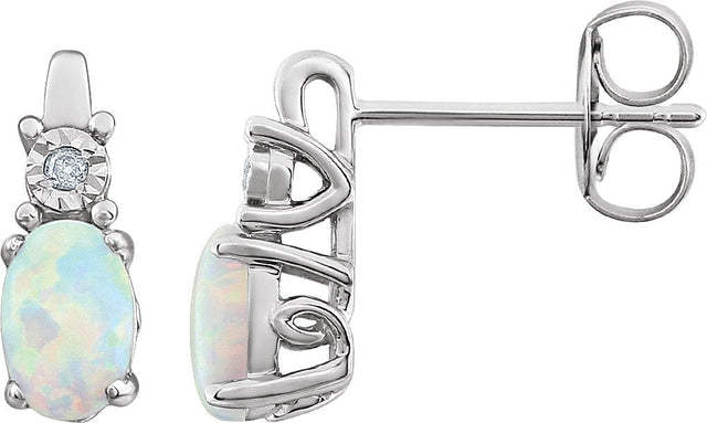 14K Gold Oval Lab-Grown White Opal & Natural Diamond Accented Birthstone Earrings