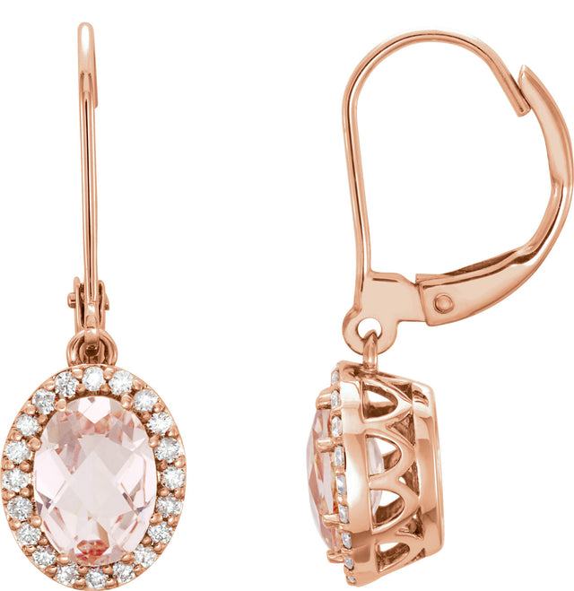 14K Gold Oval Natural Pink Morganite & Natural Diamond Halo-Style Earrings – 7x5mm