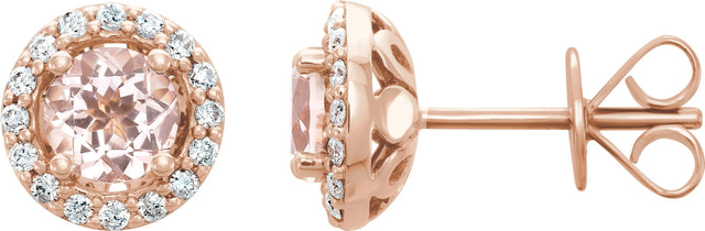 14K Gold Natural Pink Morganite & Natural Diamond Round 4-Prong Halo-Style Earrings