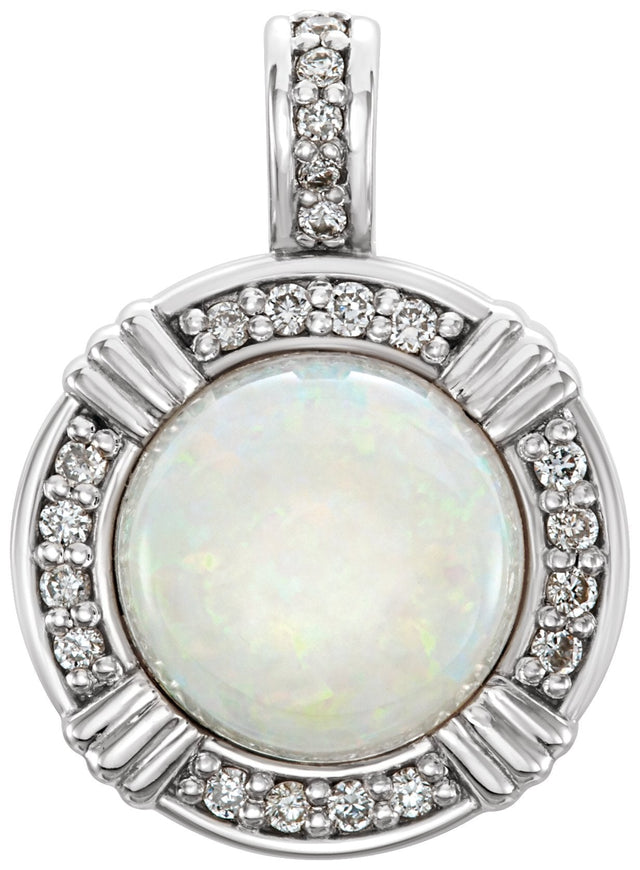 Platinum Round Natural White Opal & Natural Diamond Cabochon Pendant