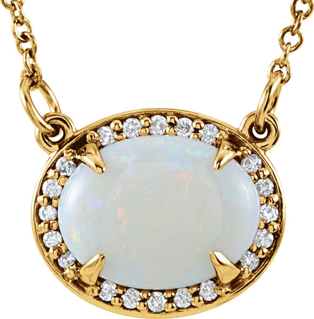 14K Gold Oval Natural White Opal & Natural Diamond Halo-Style Necklace - Yellow Gold