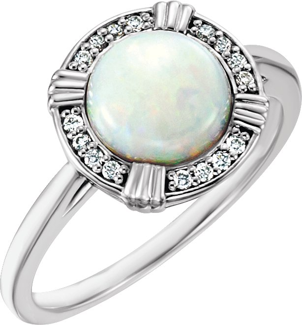 14K Gold Round Natural White Opal & Natural Diamond Cabochon Ring - White Gold