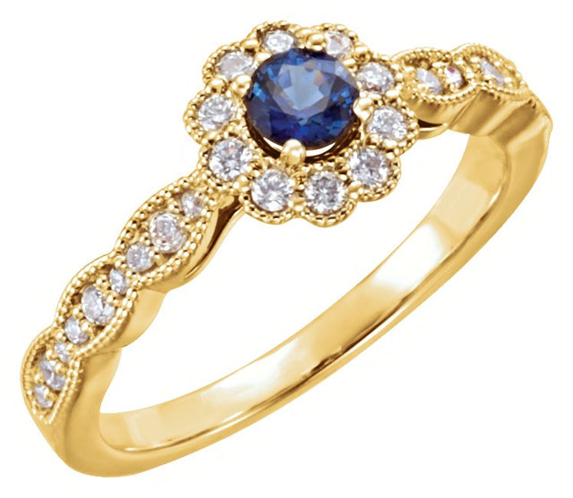 14K Gold Round Natural Blue Sapphire & Natural Diamond Halo-Style Ring - Yellow Gold