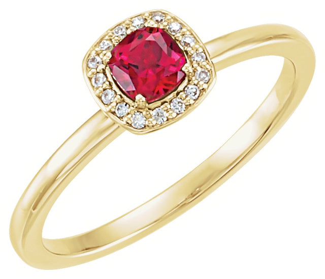 14K Gold Cushion Lab-Grown Ruby & Natural Diamond Halo-Style Ring - Yellow Gold