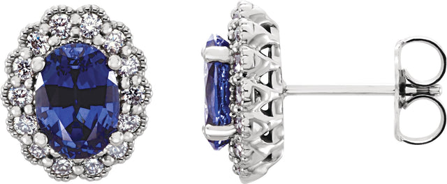 Platinum Lab-Grown Blue Sapphire & Natural Diamond Oval 4-Prong Halo-Style Earrings