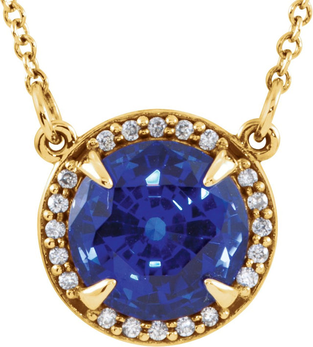 14K Gold Round Lab-Grown Blue Sapphire & Natural Diamond Halo-Style Necklace – 6-8mm Stones - Yellow Gold