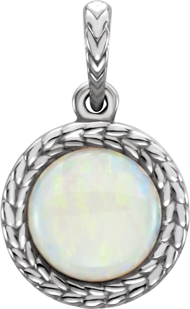 14K Gold Round Natural White Opal Leaf Cabochon Pendant - White Gold