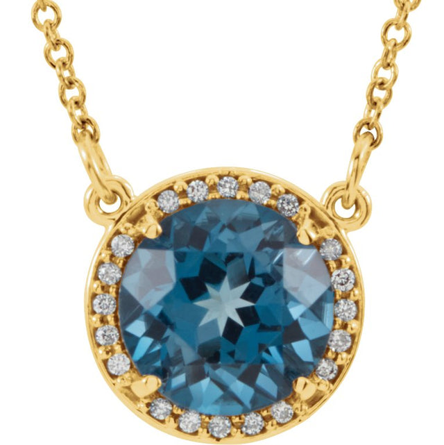 14K Gold Round Natural London Blue Topaz & Natural Diamond Halo-Style Necklace – 6-8mm Stones - Yellow Gold