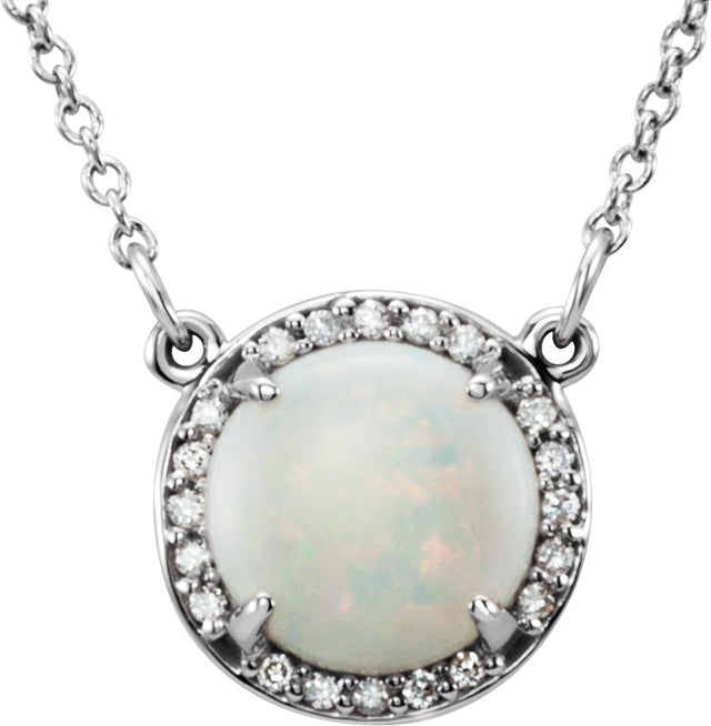 Platinum Round Natural White Opal & Natural Diamond Halo-Style Necklace