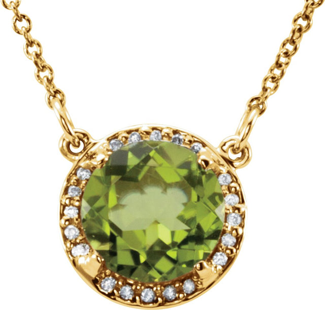 14K Gold Round Natural Peridot & Natural Diamond Halo-Style Necklace - Yellow Gold