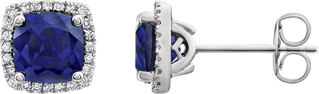14K Gold Cushion Lab-Grown Blue Sapphire & Natural Diamond Round 4-Prong Halo-Style Earrings