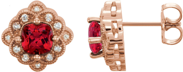 14K Gold Lab-Grown Ruby & Natural Diamond Cushion 4-Prong Vintage-Inspired Earrings - Rose Gold