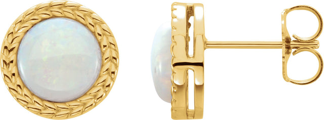 14K Gold Round Natural White Opal Cabochon Bezel-Set Leaf Earrings - Yellow Gold