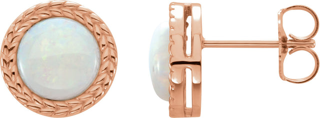 14K Gold Round Natural White Opal Cabochon Bezel-Set Leaf Earrings - Rose Gold