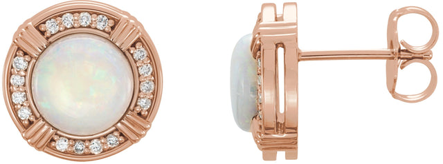 14K Gold Round Natural White Opal & Natural Diamond Bezel-Set Halo-Style Earrings - Rose Gold