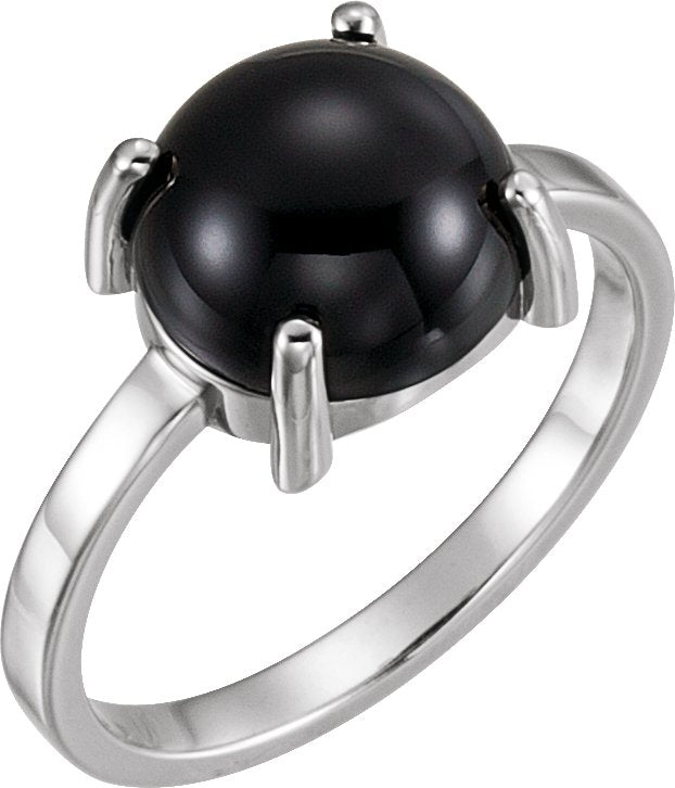 14K Gold Oval Natural Black Onyx Cabochon Solitaire Ring - White Gold