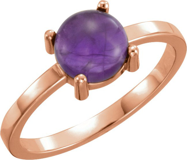 14K Gold Round Natural Amethyst Cabochon Solitaire Ring - Rose Gold