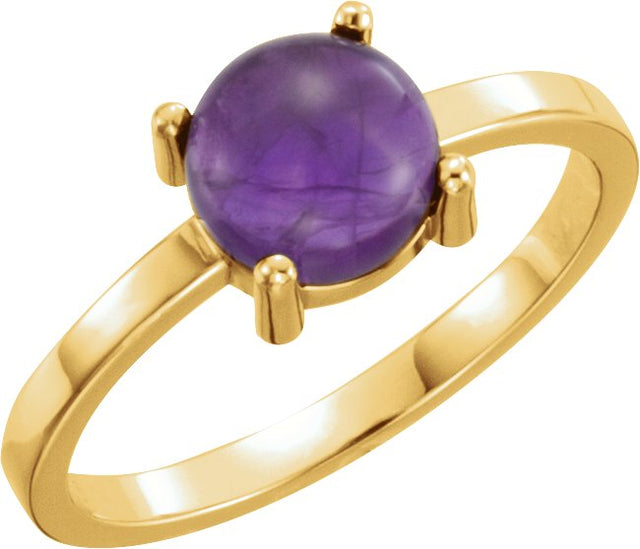 14K Gold Round Natural Amethyst Cabochon Solitaire Ring - Yellow Gold