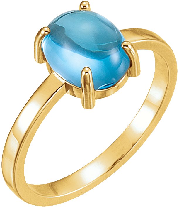 14K Gold Oval Natural Swiss Blue Topaz Cabochon Solitaire Ring - Yellow Gold