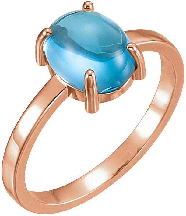 14K Gold Oval Natural Swiss Blue Topaz Cabochon Solitaire Ring - Rose Gold