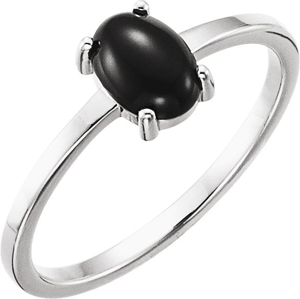 14K Gold Oval Natural Black Onyx Cabochon Solitaire Ring - White Gold