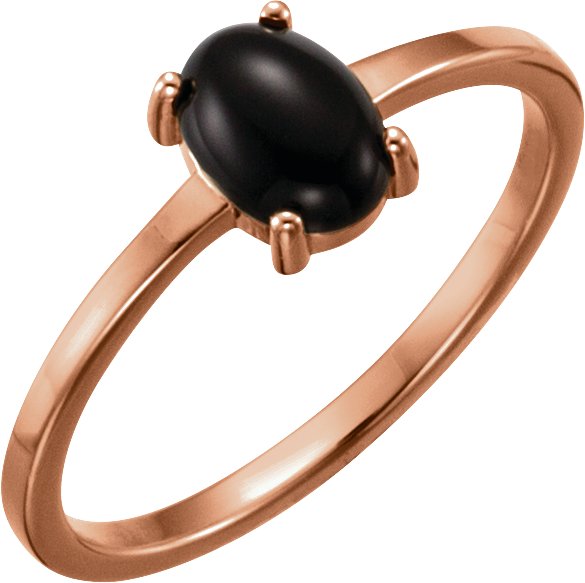 14K Gold Oval Natural Black Onyx Cabochon Solitaire Ring - Rose Gold