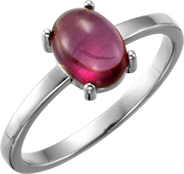 14K Gold Oval Natural Rhodolite Garnet Cabochon Solitaire Ring - White Gold