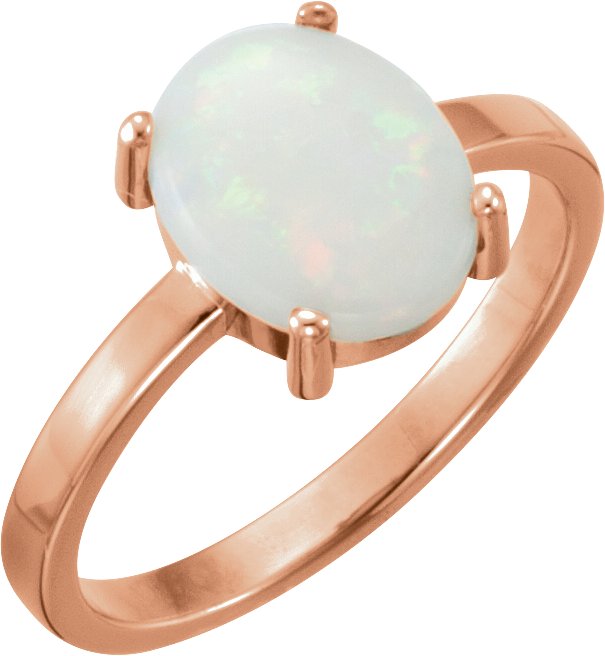 14K Gold Oval Natural Opal Cabochon Solitaire Ring - Rose Gold