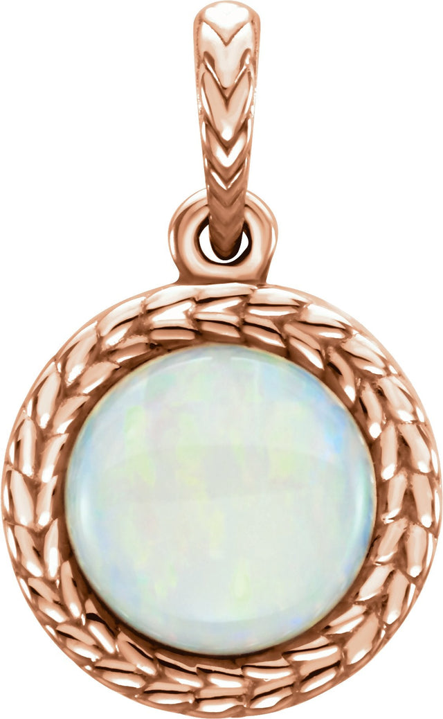 14K Gold Round Natural White Opal Leaf Cabochon Pendant - Rose Gold