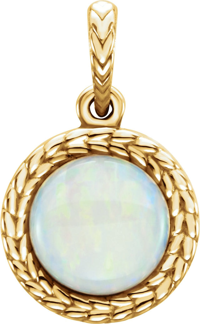 14K Gold Round Natural White Opal Leaf Cabochon Pendant - Yellow Gold