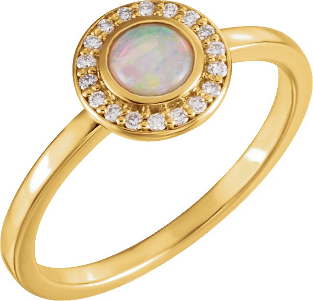 14K Gold Oval Natural White Opal & Natural Diamond Halo-Style Cabochon Ring - Yellow Gold