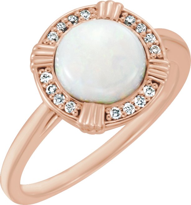 14K Gold Round Natural White Opal & Natural Diamond Cabochon Ring - Rose Gold