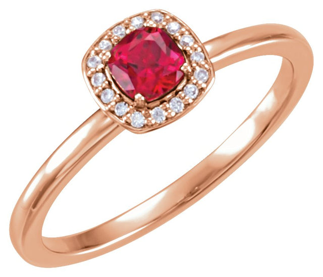 14K Gold Cushion Lab-Grown Ruby & Natural Diamond Halo-Style Ring - Rose Gold