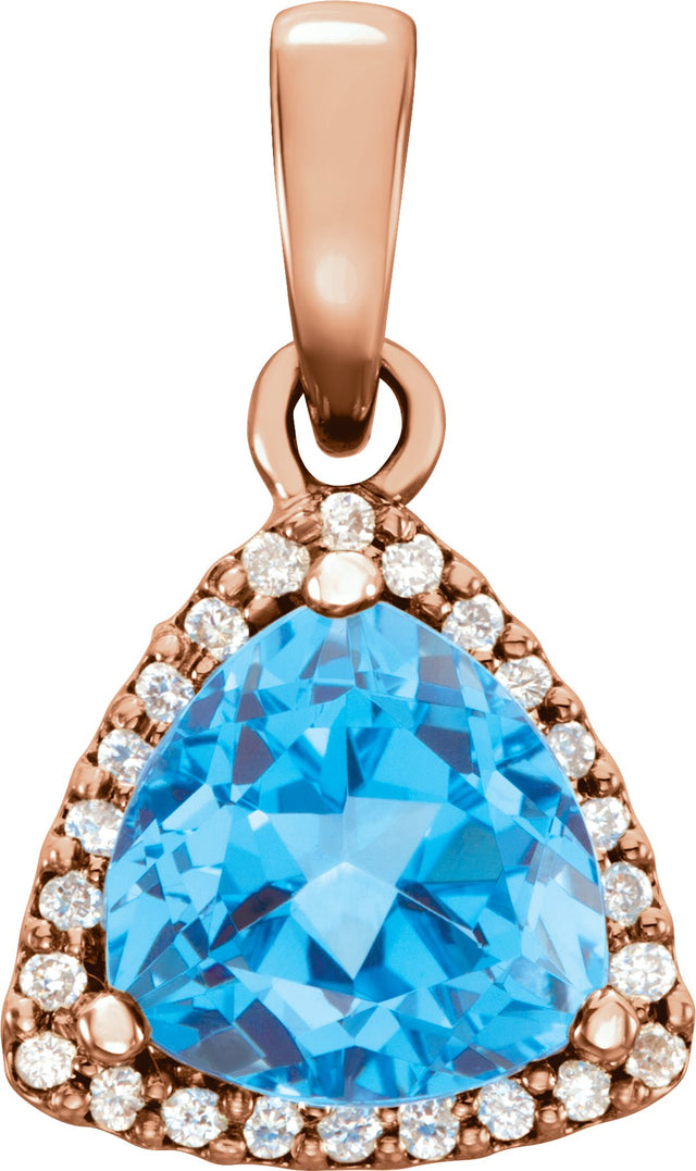 14K Gold Natural Swiss Blue Topaz & Natural Diamond Trillion Halo-Style Pendant - Rose Gold