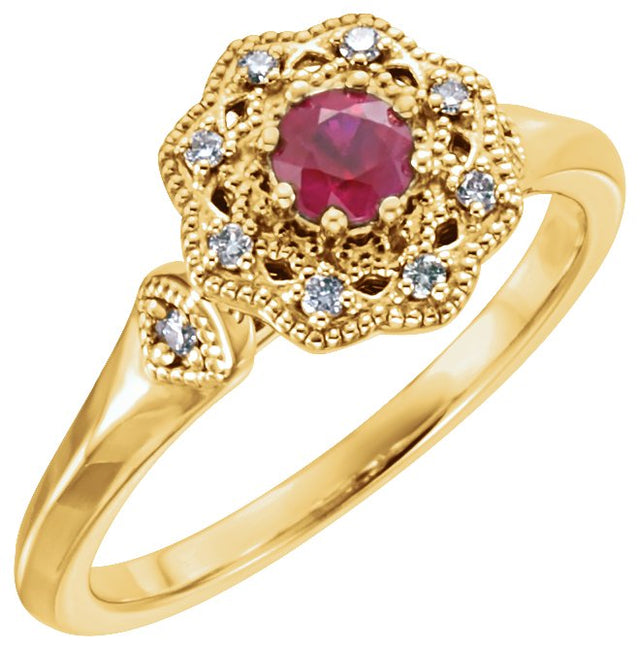 14K Gold Round Natural Ruby & Natural Diamond Halo-Style Ring - Yellow Gold