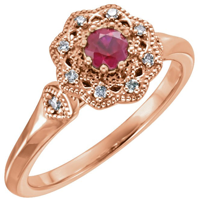 14K Gold Round Natural Ruby & Natural Diamond Halo-Style Ring - Rose Gold
