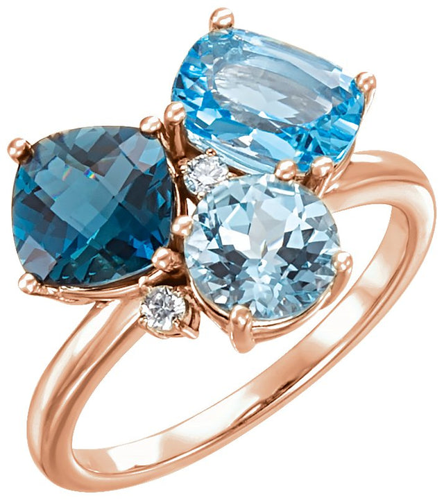 14K Gold Cushion Natural Sky Blue Topaz & Natural Diamond Multi-Shape Cluster Ring - Rose Gold