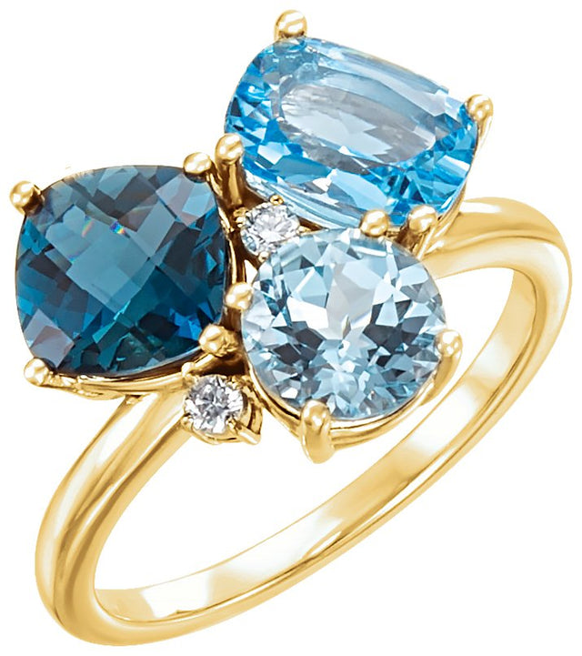 14K Gold Cushion Natural Sky Blue Topaz & Natural Diamond Multi-Shape Cluster Ring - Yellow Gold